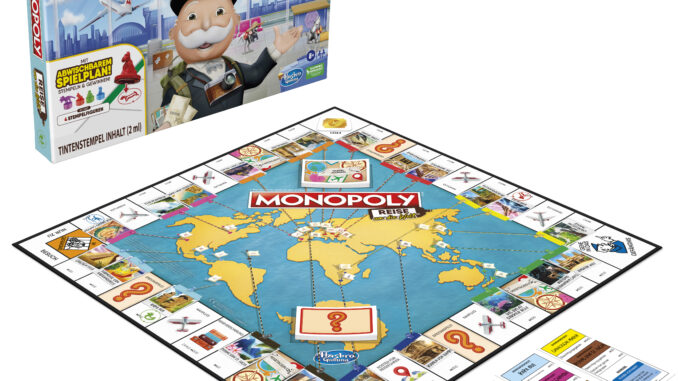 MONOPOLY Reise um di~Pack und Inhalt